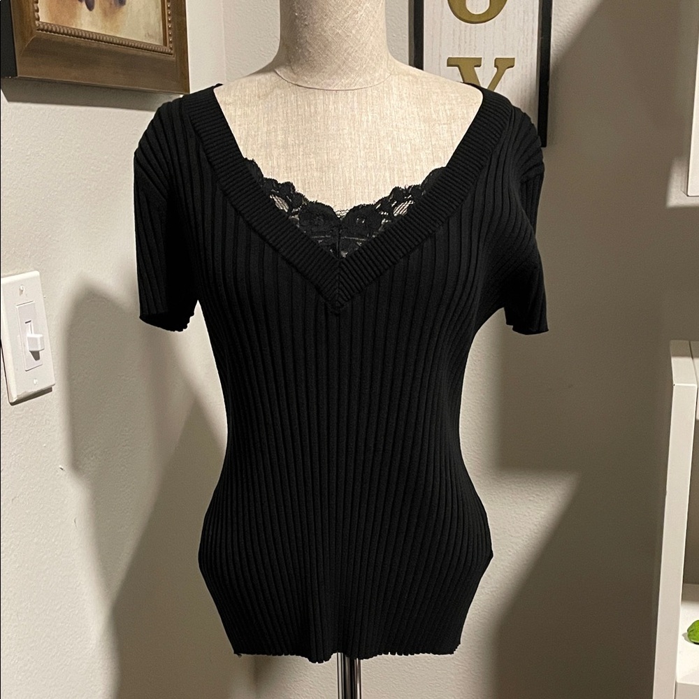 August Silk Elegant Black lace V-Neck Top Size L